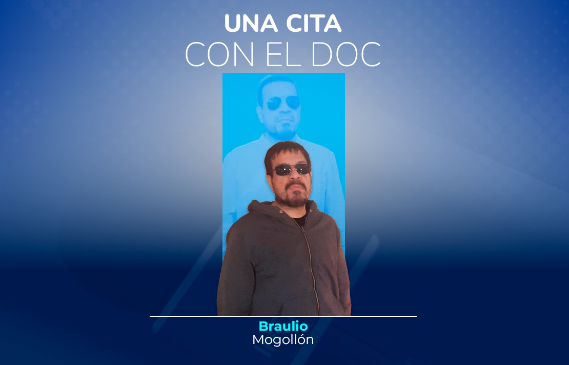Sobre un fondo azul esta Braulio Mogollón en la parte superior está el texto una cita con el doc