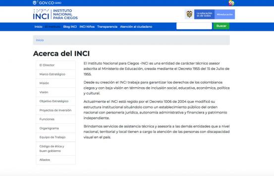 Captura de pantalla, nueva página web del INCI