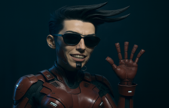 usando una armada roja y negro simulando al bastón, GuÍAN la IA bot del INCI usa unos lentes oscuros, saluda con su mano