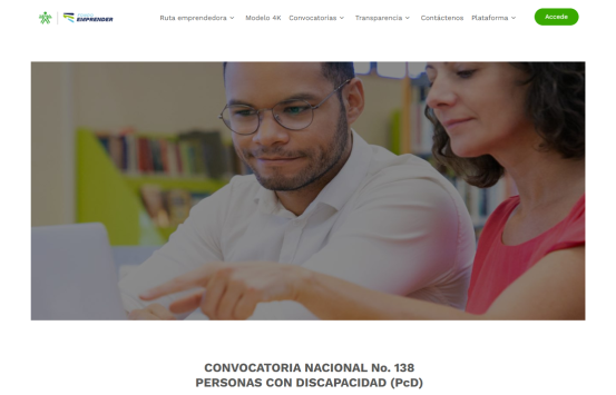 Captura de pantalla del sitio web del Fondo Emprender correspondiente a la convocatoria CONVOCATORIA NACIONAL No. 138 PERSONAS CON DISCAPACIDAD (PcD)