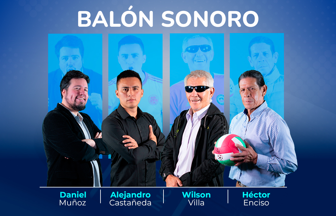sobre un fondo azul aparece las imagenes de los panelistas de izquierda a derecha esta daniel muñoz, alejandro castañeda, Wilson Villa y Hector Enciso