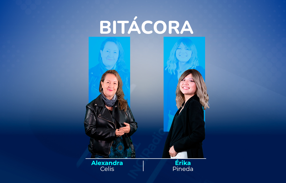 Sobre un fondo azul están Alexandra Celis y Érika Pineda en la parte superior aparece el texto Bitácora