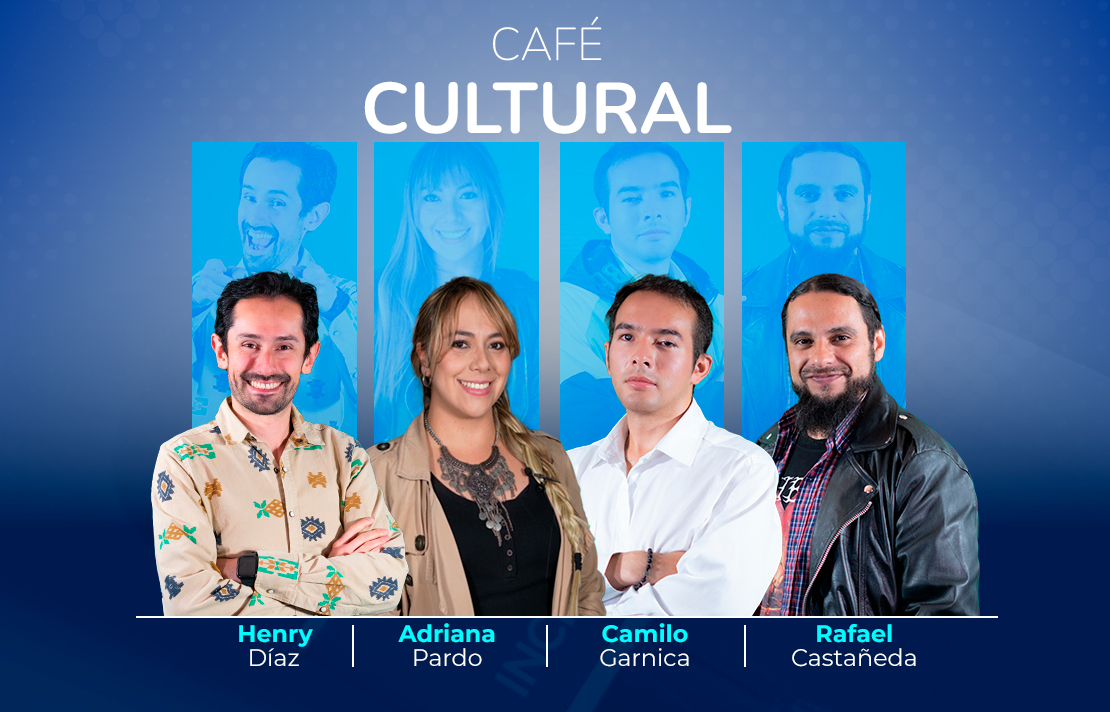 sobre un fondo azul está Henry Díaz, adriana pardo, Camilo Garnica y Rafael Castañeda arriba hay un título que dice Café Cultural