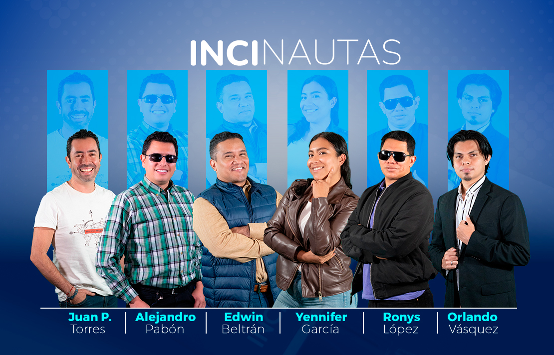 sobre un fondo azul están Juan Pablo Torres, Alejandro Pabón, Edwin Beltrán, Yennifer García, Ronys López y Orlando Vásquez en la parte superior aparece el texto INCINautas