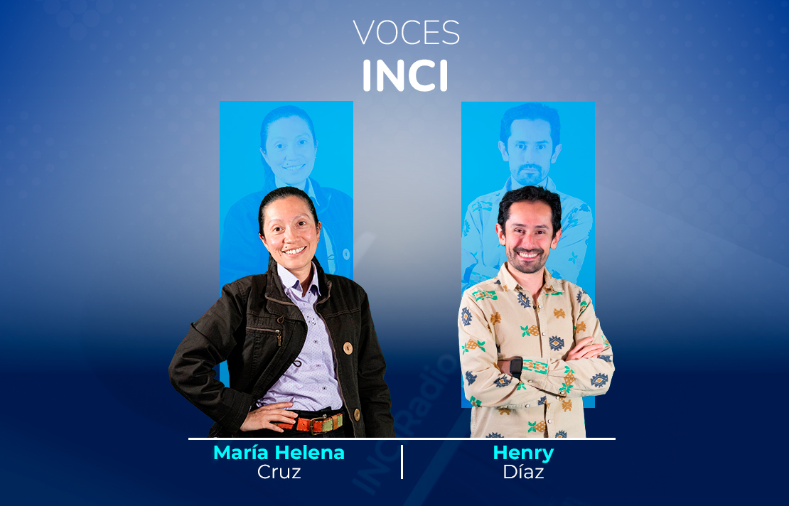 sobre un fondo azul están Maria Helena Cruz y Henry Díaz en la parte superior aparece el texto Voces INCI