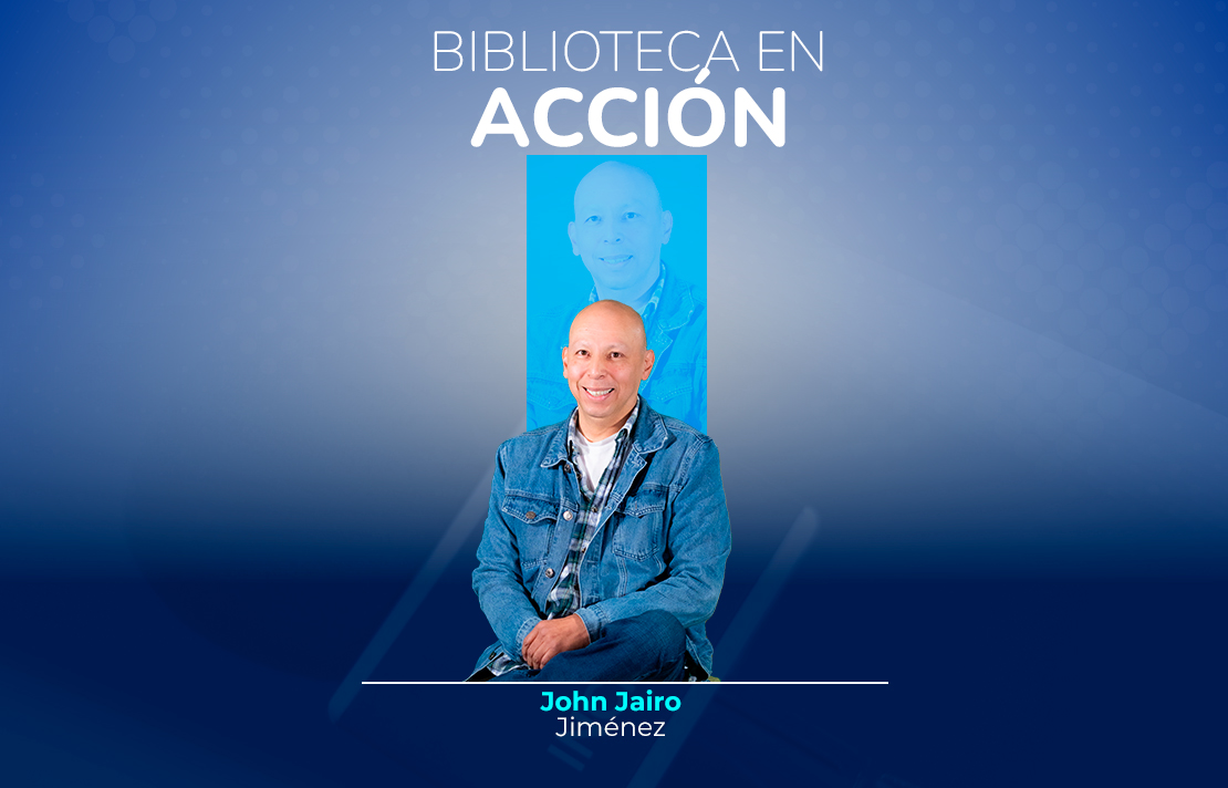sobre un fondo azul esta jota en la parte superior en blanco dice biblioteca en acción