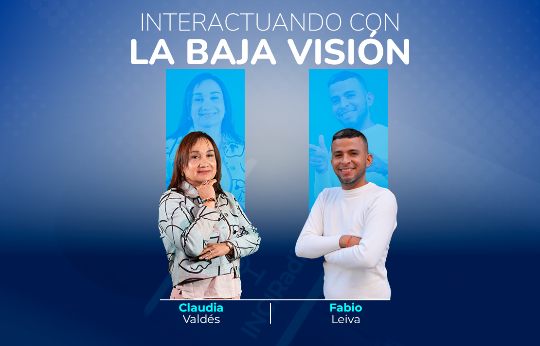 sobre un fondo azul está claudia valdez y fabio leiva en la parte superior hay un texto en blanco interactuando con la baja visión
