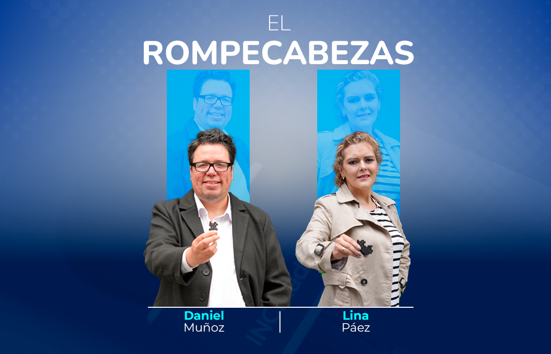 sobre un fondo azul en letra blanca el rompecabezas, en el centro las fotos de Daniel Muñoz y la doctora Lina Páez los dos sostienen una pieza de rompecabezas