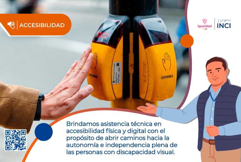 Imagen de un dispositivo de cruce peatonal accesible siendo accionado por una persona. La pieza destaca el trabajo del INCI en asistencia técnica para la accesibilidad física y digital orientada a la autonomía de las personas con discapacidad visual.