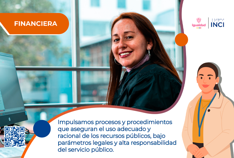 Imagen de una funcionaria del INCI en un entorno de trabajo administrativo. La pieza resalta la gestión financiera responsable y el uso eficiente de los recursos públicos en la entidad.
