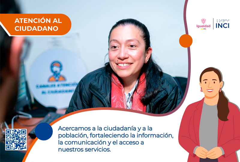 Imagen de una funcionaria del INCI atendiendo a una persona usuaria en un espacio institucional. La pieza destaca el fortalecimiento de la información, la comunicación y el acceso a los servicios de atención al ciudadano.