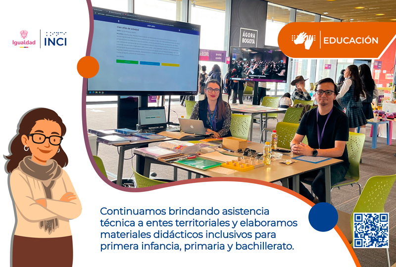 Imagen de funcionarios del INCI en un espacio de divulgación educativa, presentando materiales didácticos inclusivos y herramientas de accesibilidad. La pieza destaca las acciones de asistencia técnica y producción de recursos para la educación inclusiva.