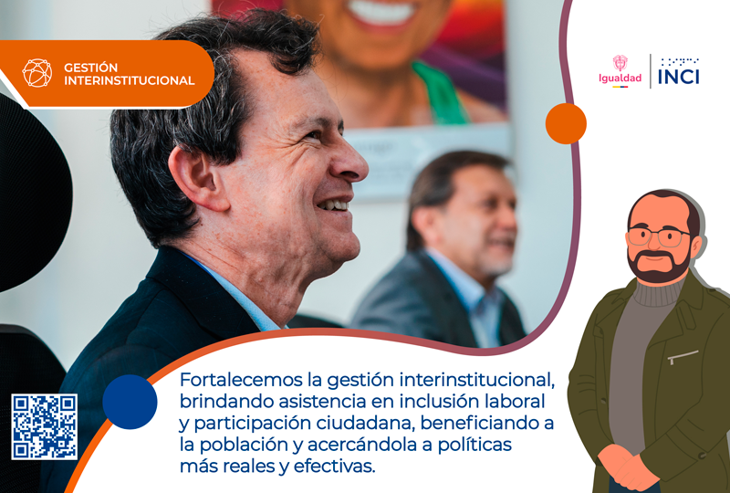 Imagen de un funcionario del INCI durante una actividad de gestión interinstitucional. La pieza destaca las acciones de articulación, inclusión laboral y participación ciudadana desarrolladas por la entidad.