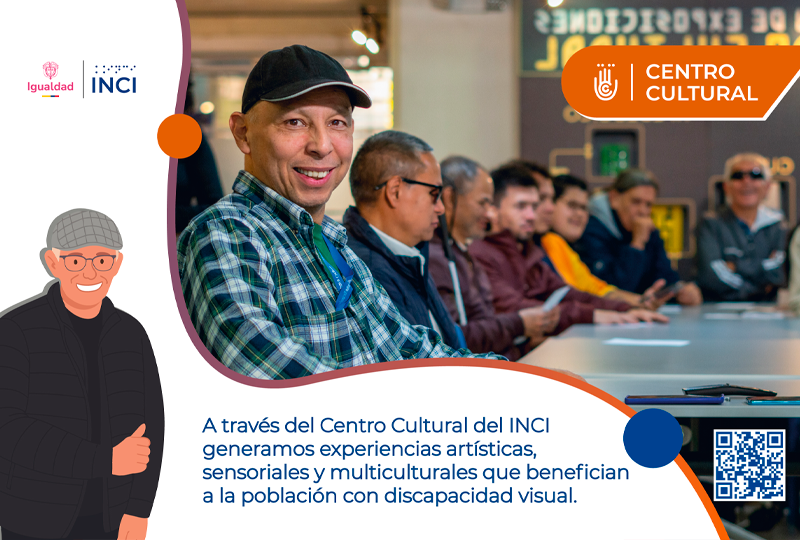 Imagen de un funcionario del INCI durante una actividad del Centro Cultural, acompañado por otras personas participantes. La pieza resalta las experiencias artísticas, sensoriales y multiculturales orientadas a la población con discapacidad visual.