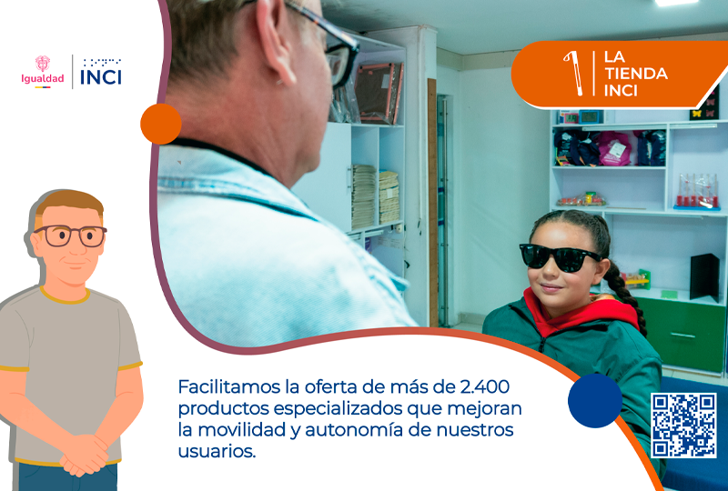 Imagen de una niña usuaria durante una atención en la Tienda INCI, utilizando ayudas visuales especializadas. La pieza resalta la oferta de productos que contribuyen a la movilidad y autonomía de las personas con discapacidad visual.