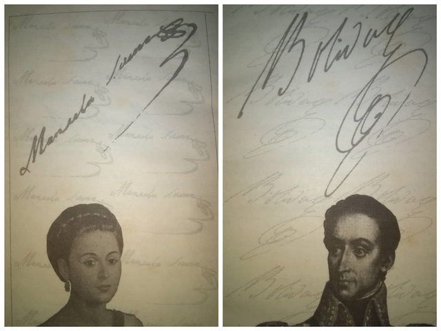 Imagen escritos de poemas donde se ve a Manuelita Saenz a la izquierda y a la derecha a Simón Bolívar
