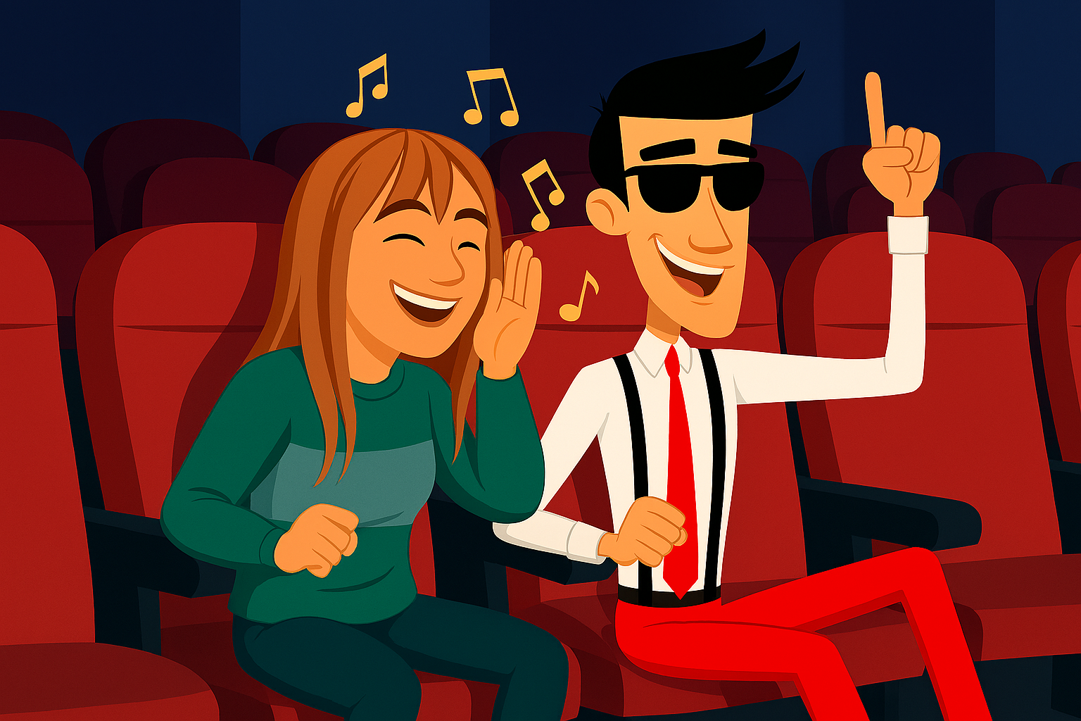 En una sala de cine, sentados Gastón y adriána cantan al ritmo de una banda sonora