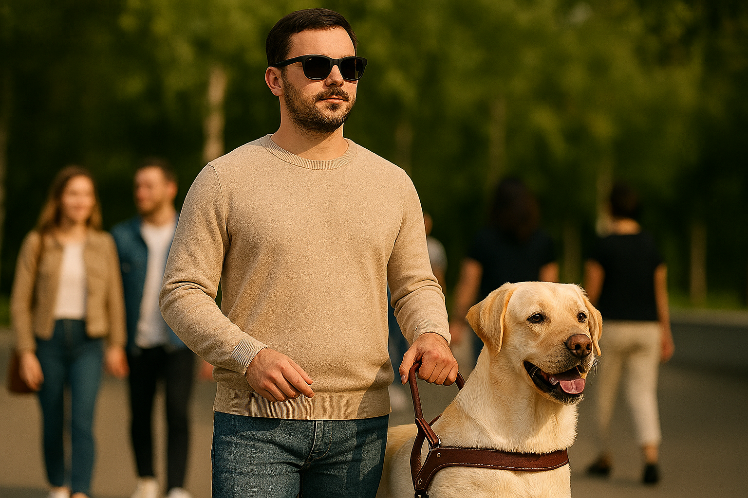 una personas con discapacidad visual está junto a su perro guía, de fondo de ven varias personas 