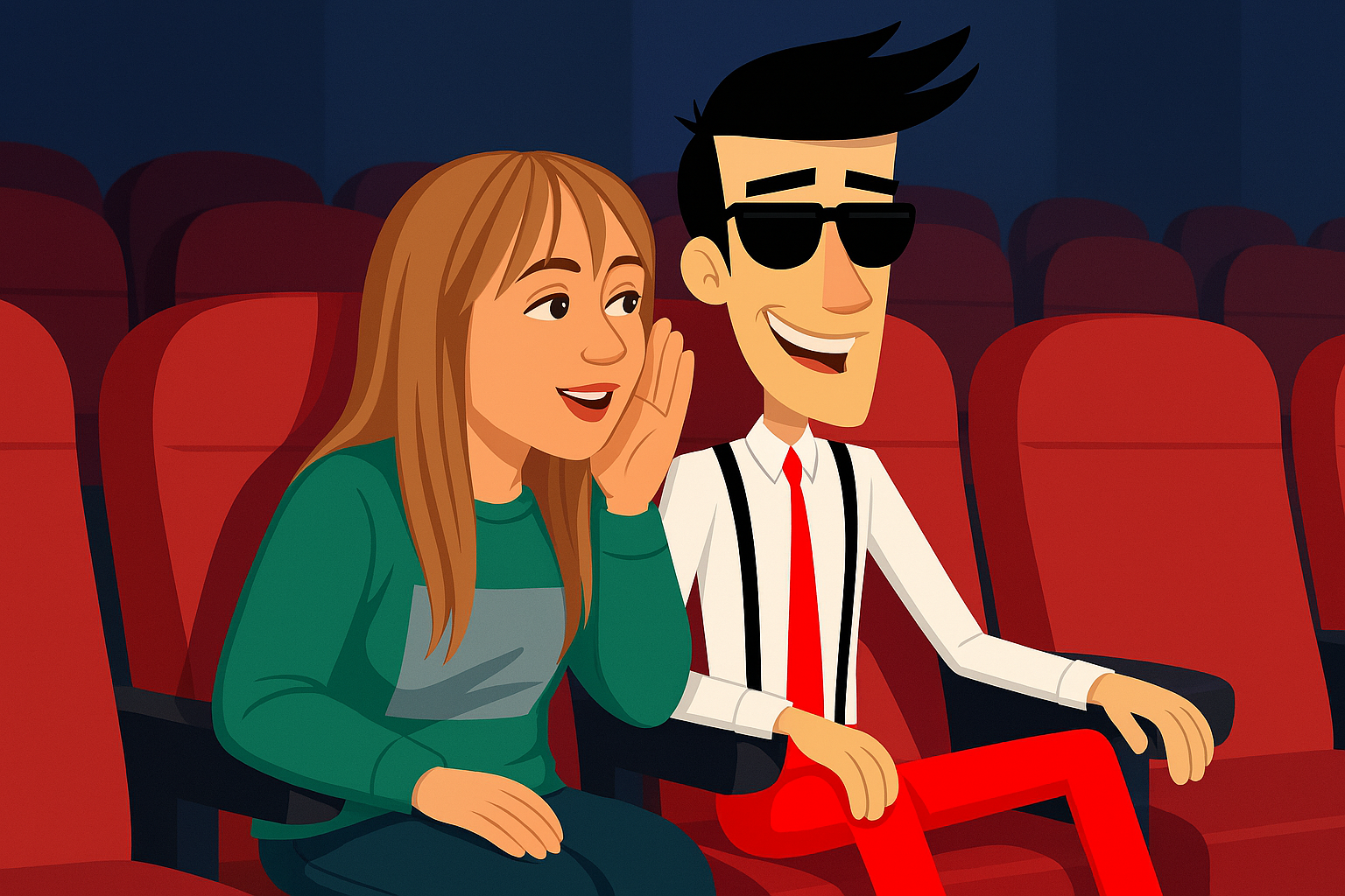 en una sala de cine donde las sillas son de color rojo, adriána pardo en una versión animada le describe al oido a Gastón el bastón una película, bastón viste con su camisa blanca, corbata roja y tirantes de color negro