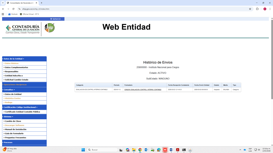 Soporte de cargue Informe de la Evaluación de Control interno contable vigencia 2025