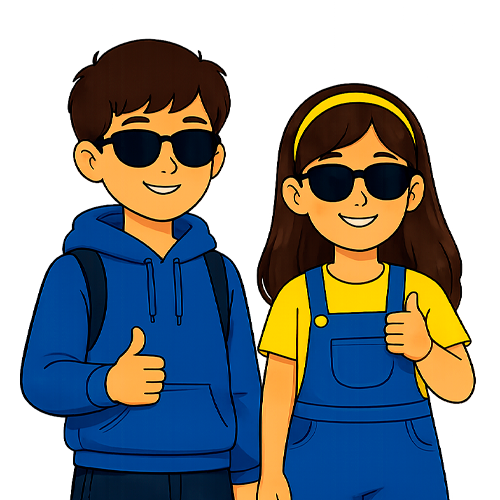 Ilustración de un niño y una niña con discapacidad visual sonriendo y haciendo el gesto de aprobación con el pulgar, como representación de la inclusión, la participación y el ejercicio de sus derechos.