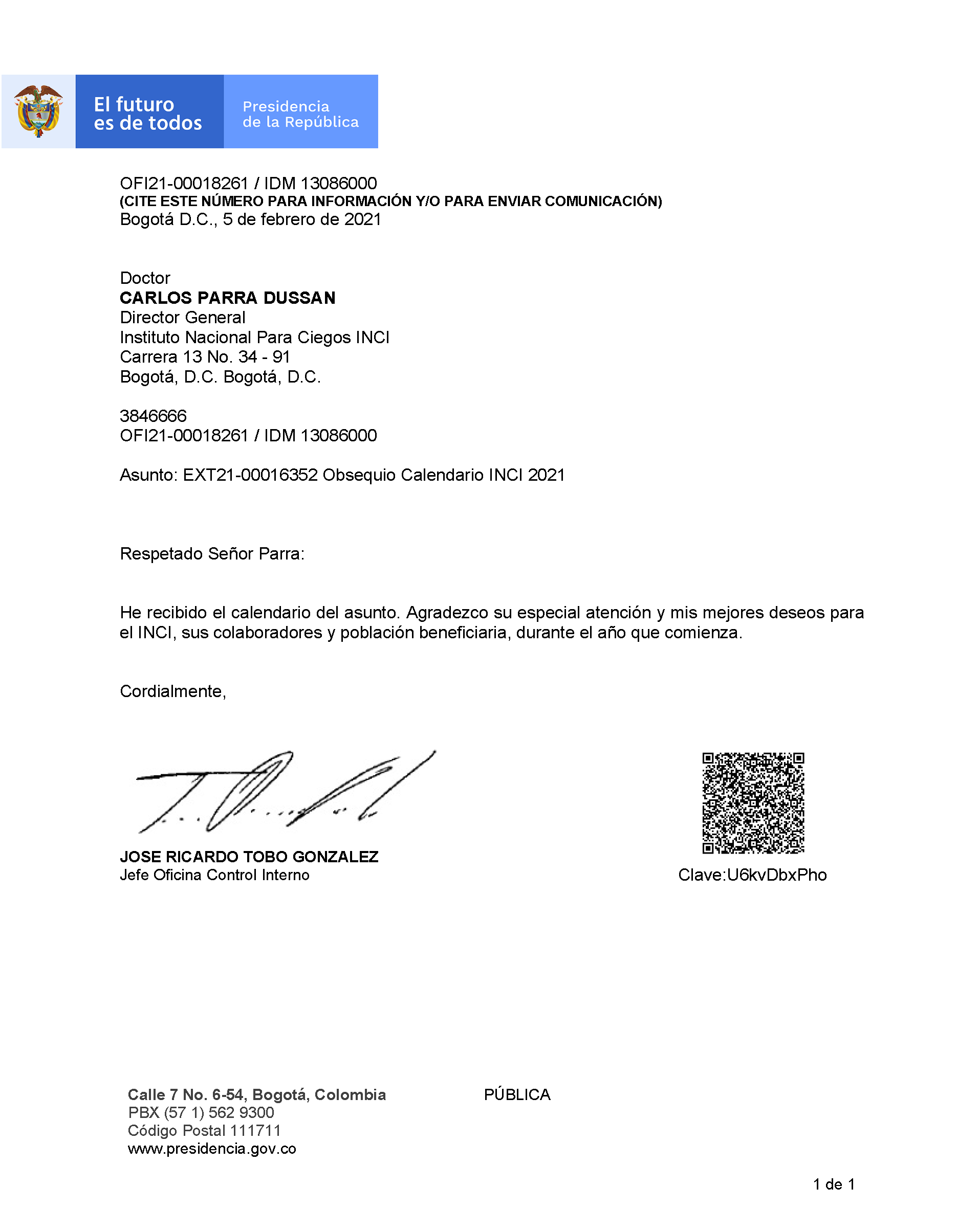 Imagen, Carta de agradecimiento José Ricardo Tobo González, Jefe de la Oficina de Control Interno de la Presidencia de la República
