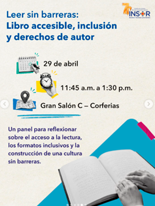 Afiche de la FILBo 2026 que anuncia el panel “Leer sin barreras: libro accesible, inclusión y derechos de autor”, el 29 de abril de 11:45 a.m. a 1:30 p.m. en el Gran Salón C de Corferias.