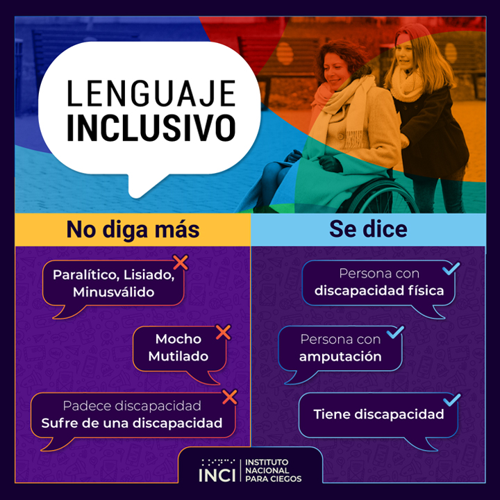 No diga más: paralítico, lisiado, minusválido, mocho, mutilado, padece de discapacidad, sufre de una discapacidad - se dice: persona con discapacidad física, persona con amputación, tiene discapacidad.