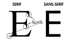 Imagen, dos letras E en dos fuentes tipográficas, una serif y otra sans serif, se recomienda usar letras sin serifas sans serif 