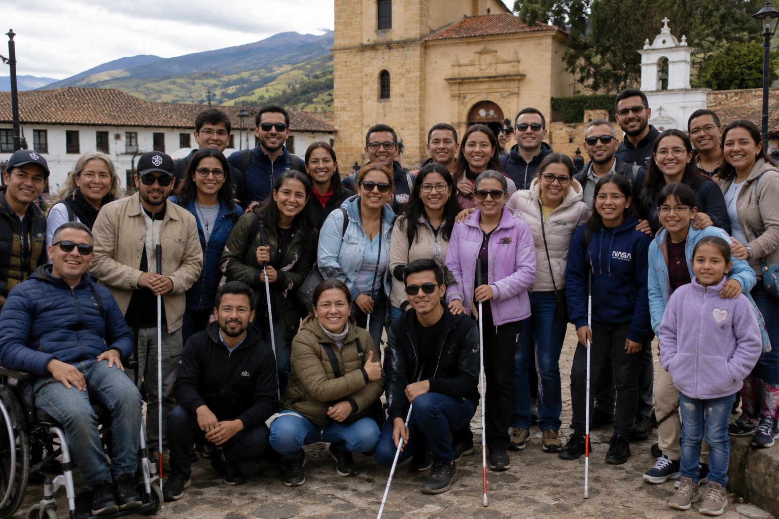 varias personas con y sin discapacidad visual de todas las edades sonríen, la foto fue tomada en el centro de Tunja 