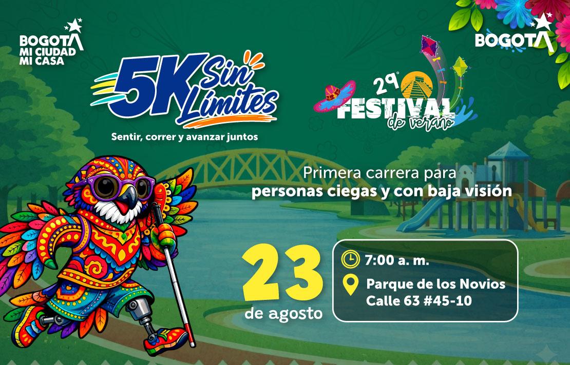 Pieza gráfica de la carrera 5K Sin Límites, primera carrera para personas ciegas y con baja visión. Incluye una ilustración colorida de un búho corriendo con bastón blanco, los logos de 5K Sin Límites y Festival de Verano, y la información del evento: 23 de agosto, 7:00 a. m., Parque de los Novios, Calle 63 #45-10.