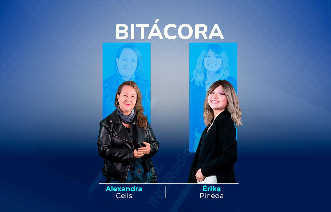 Sobre un fondo azul están Alexandra Celis y Érika Pineda en la parte superior aparece el texto Bitácora