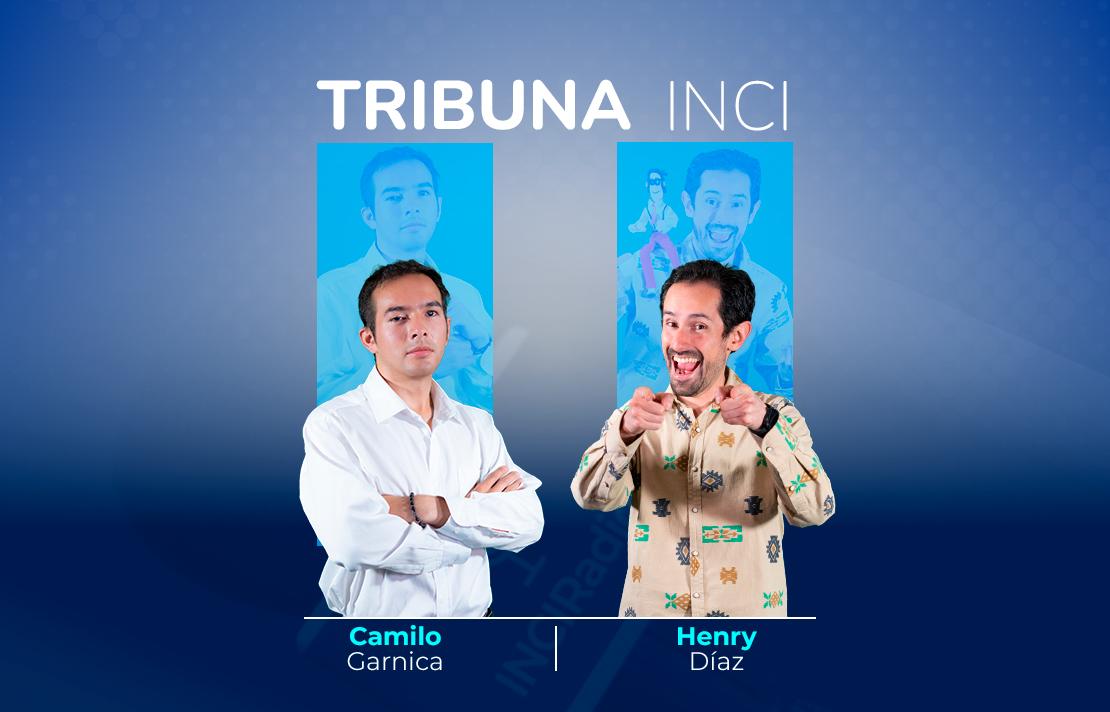 sobre un fondo azul están Camilo Garnica y Henry Díaz en la parte superior aparece el texto Tribuna INCI