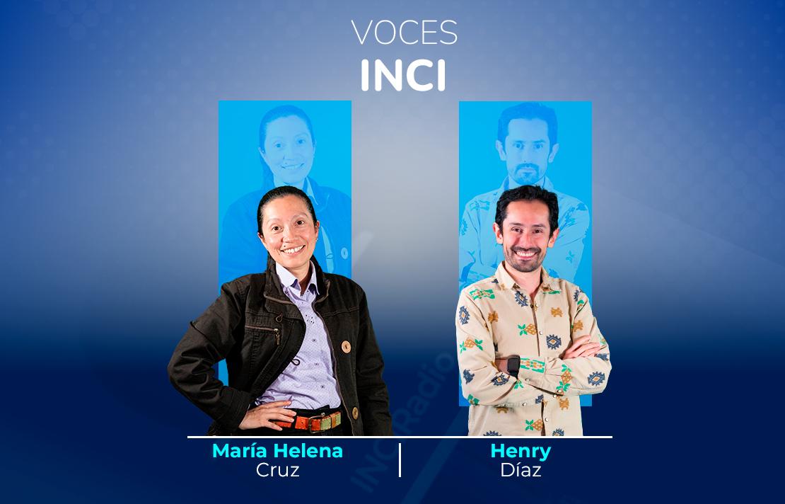 sobre un fondo azul están Maria Helena Cruz y Henry Díaz en la parte superior aparece el texto Voces INCI
