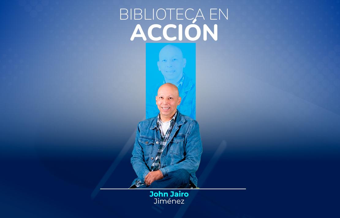 sobre un fondo azul esta jota en la parte superior en blanco dice biblioteca en acción