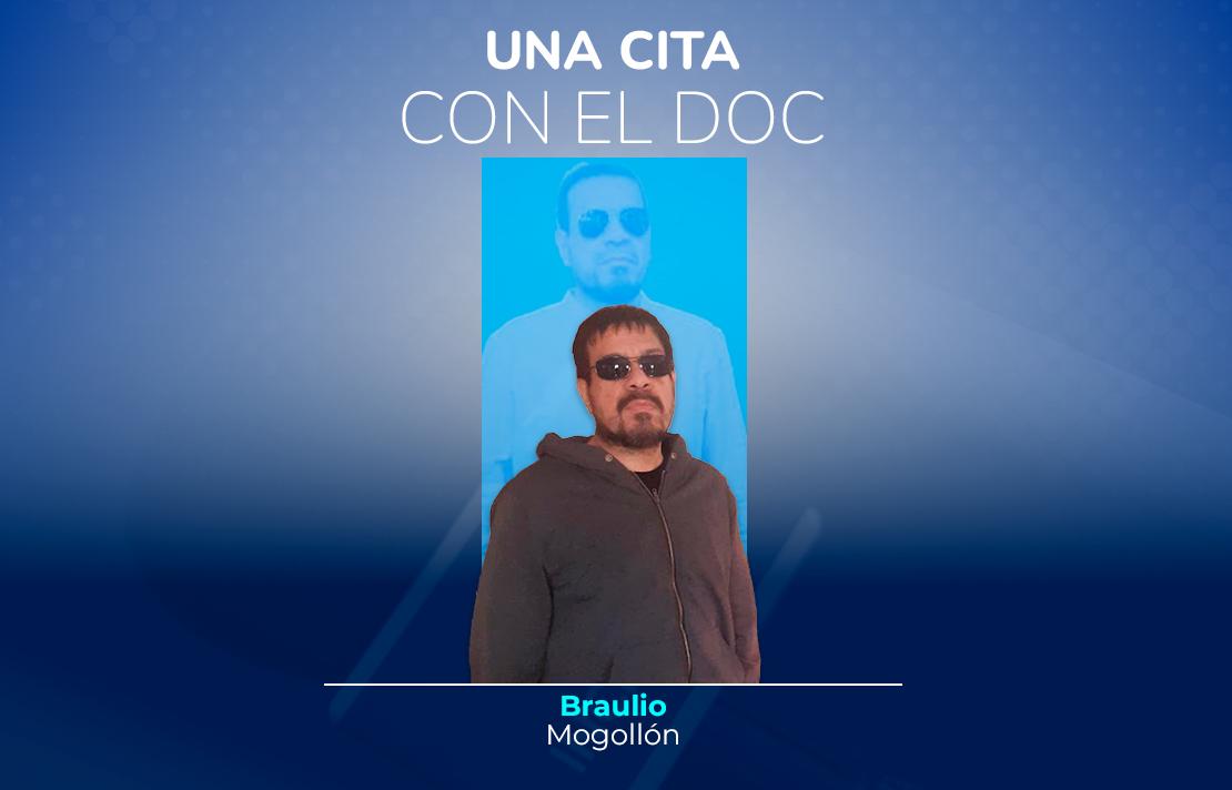 Sobre un fondo azul esta Braulio Mogollón en la parte superior está el texto una cita con el doc