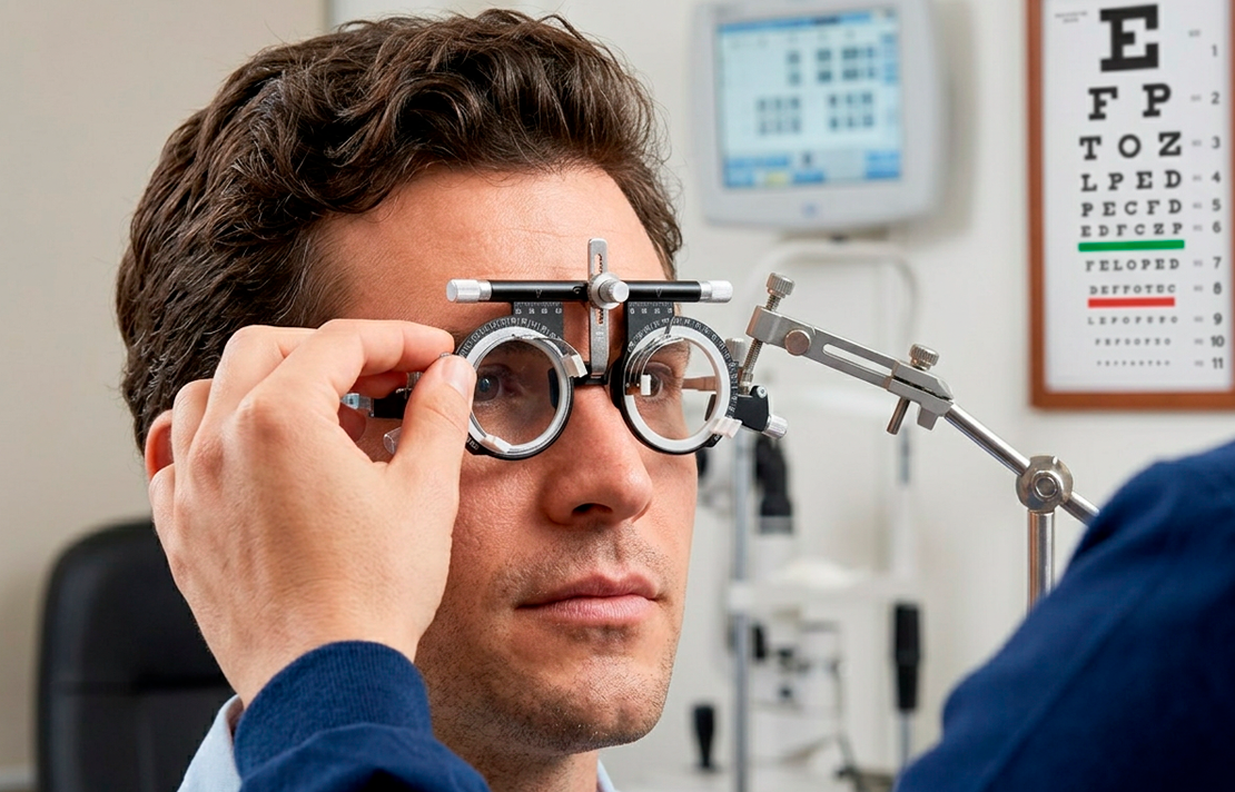 Paciente durante un examen visual en una consulta de optometría, usando un armazón de prueba mientras un especialista ajusta los lentes. Al fondo se observan equipos oftalmológicos y una tabla de agudeza visual.