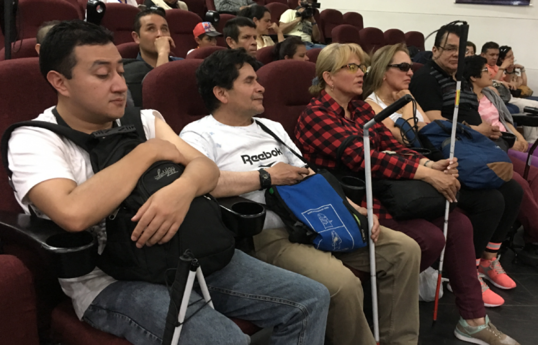 Personas con discapacidad visual sentadas en un auditorio
