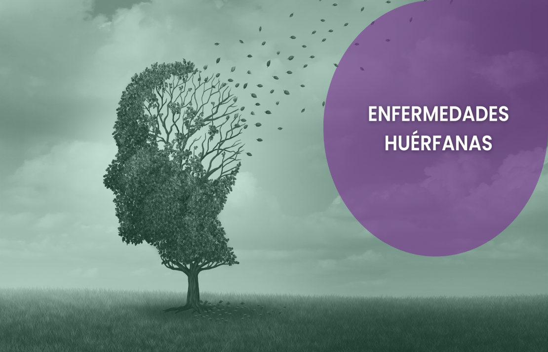 imagen en color verde un arbol simula la cara de medio lado de una persona las hojas se alejan y llegan a un letrero en color morado en el se lee en blanc enfermedades huerfanas