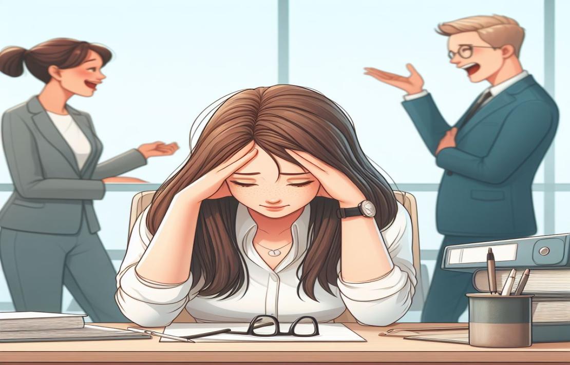 creada con ia, una mujer sostiene su cabeza con sus manos sobre el escritorio están sus lentes, tras ella hay dos personas hablando y riendo