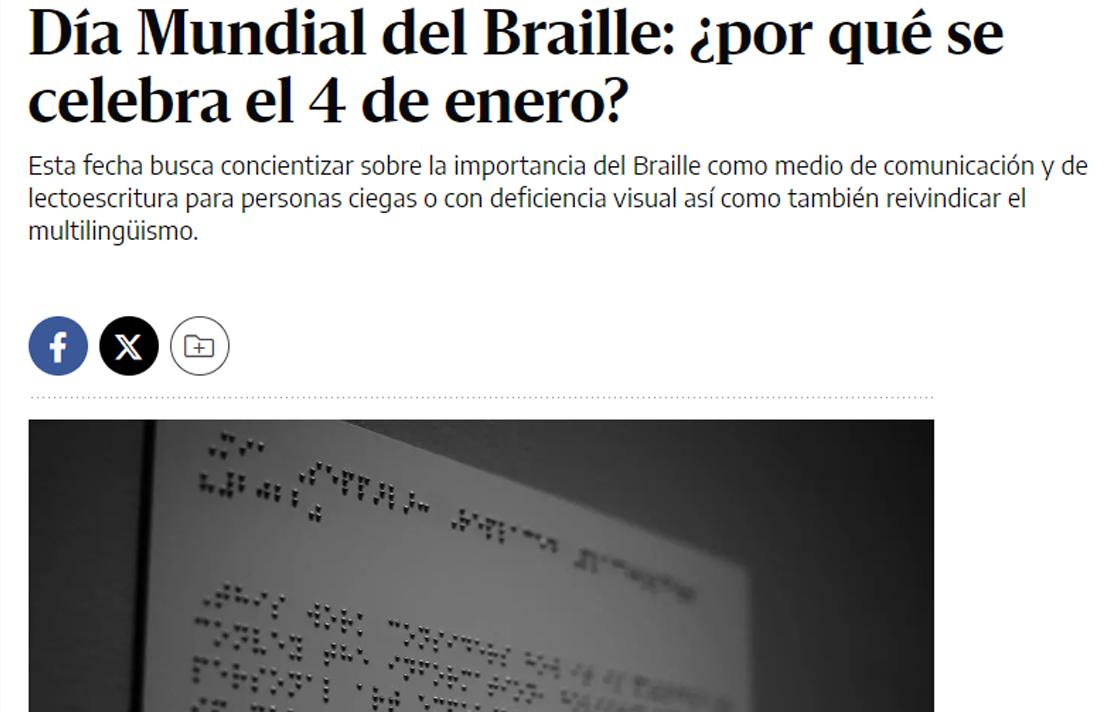 Captura de pantalla sitio web El Diario Argentina https://www.eldiarioar.com/ - Nota Día Mundial del Braille: ¿por qué se celebra el 4 de enero?