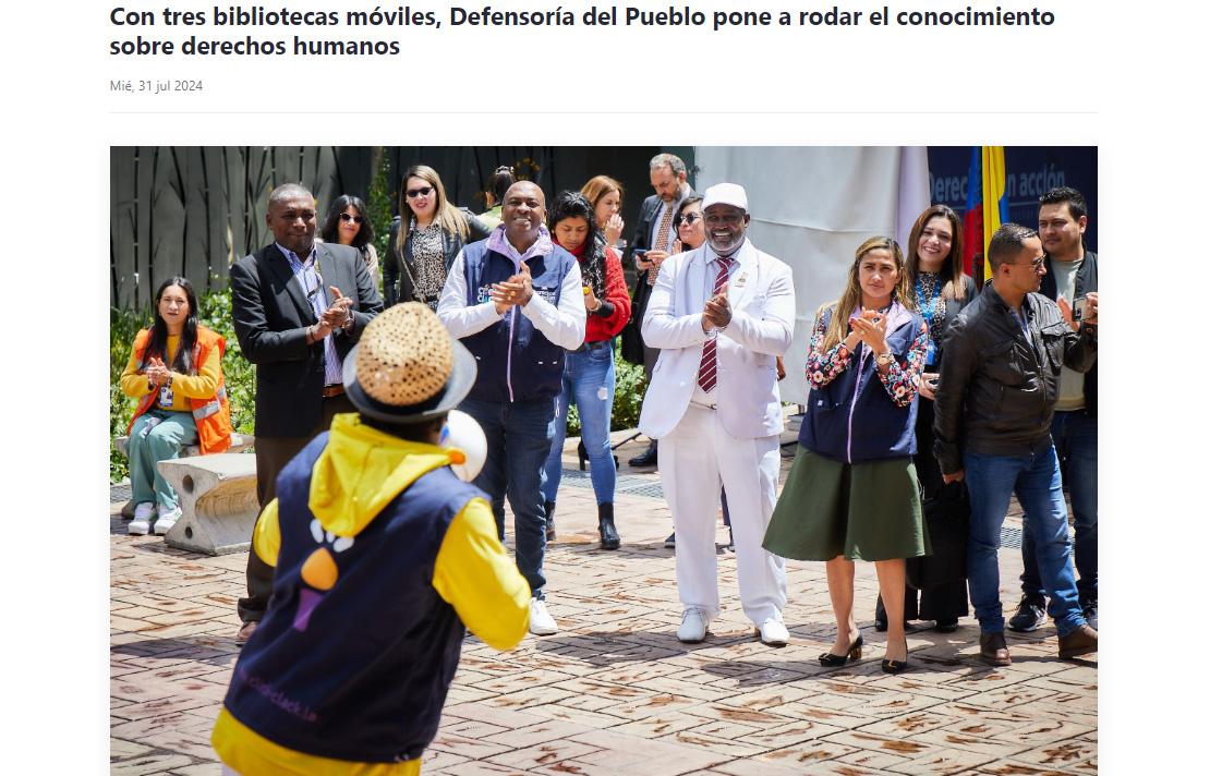 Captura de pantalla sitio web de la Defensoría de Pueblo, en su nota: Con tres bibliotecas móviles, Defensoría del Pueblo pone a rodar el conocimiento sobre derechos humanos