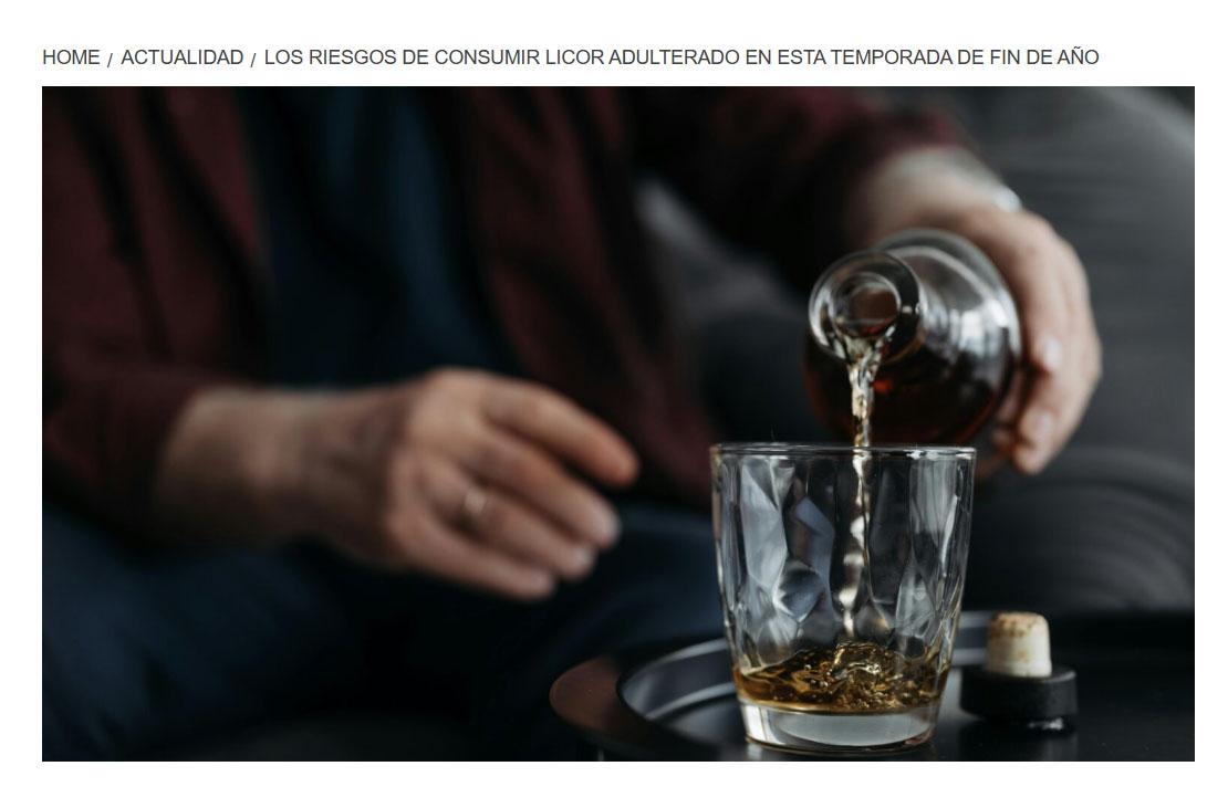 Captura de pantalla del sitio web del periódico periódico Risaralda Hoy, Nota “Los riesgos de consumir licor adulterado en esta temporada de fin de año”