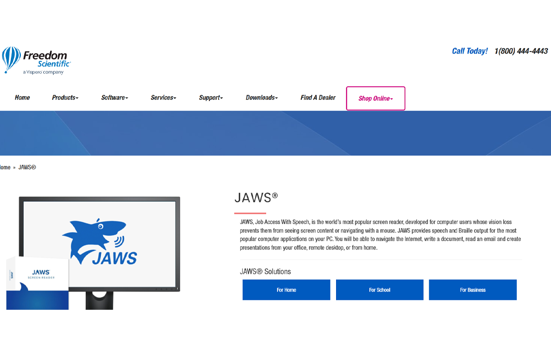 Captura de pantalla del sitio web oficial de JAWS Software https://www.freedomscientific.com/products/software/jaws/