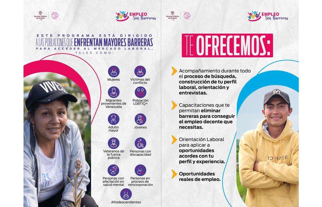 Imagen promocional del programa Empleo sin fronteras, la cual explica sus principales ofertas y grupos sociales a los que va dirigido.