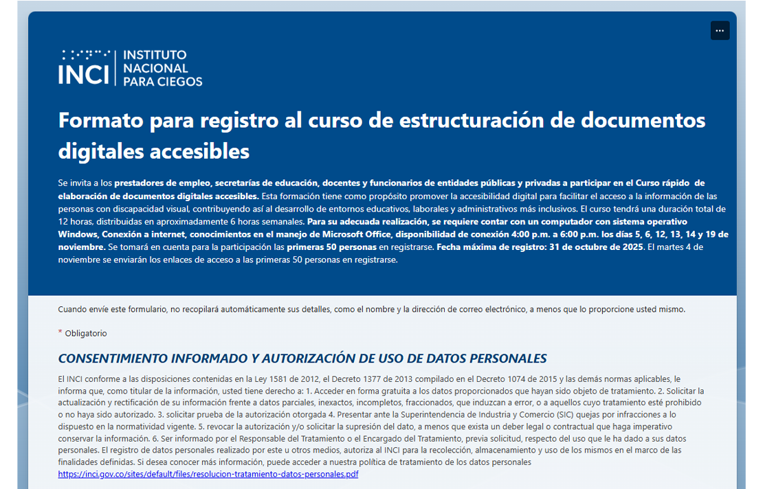 Captura de pantalla del formulario de inscripción