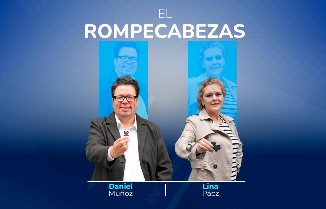 Sobre un fondo azul aparece centrado el texto el rompecabezas en color blanco, más abajo a la izquierda está Daniel Muñoz y a la derecha la doctora lina Paez, los dos sostienen una pieza de rompecabezas en su mano