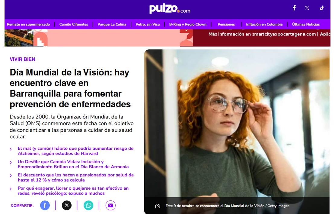 Captura de pantalla del sitio web del Periódico Pulzo en la nota: Día Mundial de la Visión: hay encuentro clave en Barranquilla para fomentar prevención de enfermedades