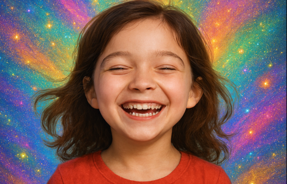 sobre un fondo multicolor una niña vestida de rojo sonríe