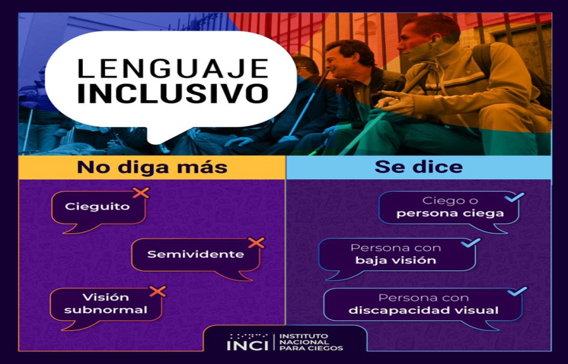 lenguaje inclusivo no diga mas cieguito, semividente, visión subnormal, se dice, persona ciega, ciego, persona con baja visión, persona con discapacidad visual, la imagen cuenta en la parte superior con varias personas ciegas sentadas sonriendo, en la parte inferior sobre fondo azul con letra en blanco instituto nacional para ciegos inci